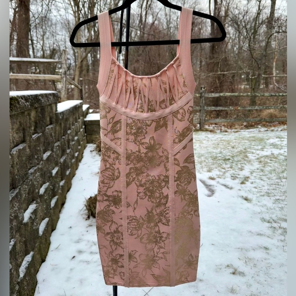 Guess Bandage Corset Pink + Gold Floral Bodycon Dress